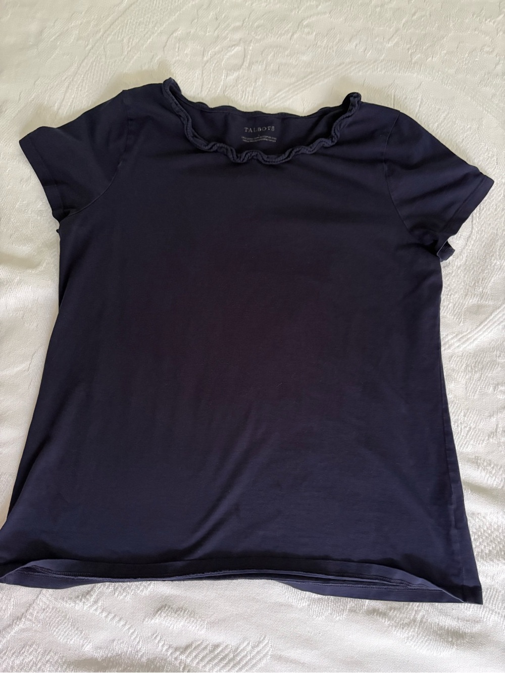 Talbots Navy Short Sleeve Top with Ruffle Neck